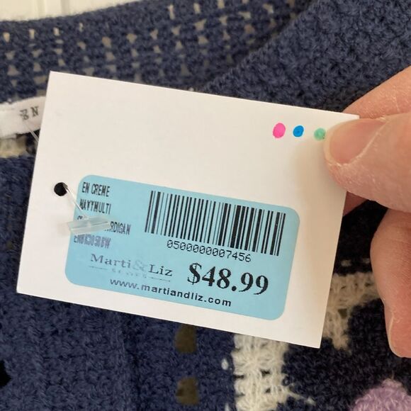 En Creme Womens Crochet Patchwork Crop Cardigan‎ Size L Navy Orange Cottagecore - Picture 4 of 10